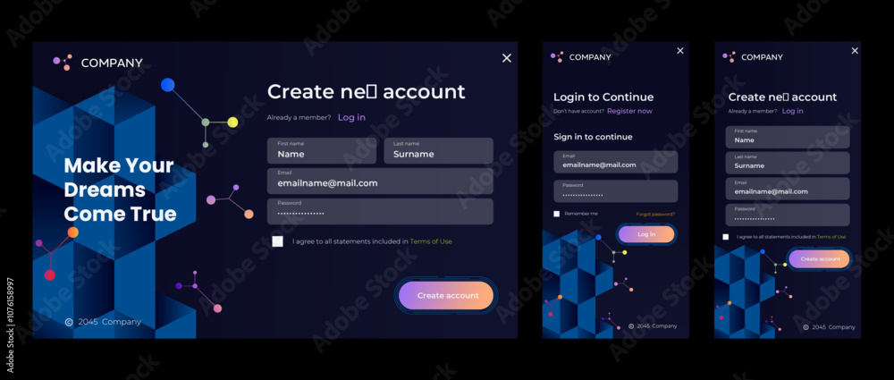 Poster set of registration form design template. sign up and sign in form page. user-friendly design materi