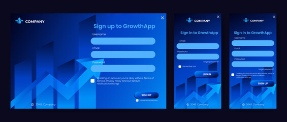 Naklejka premium Set of Registration form design template. Sign up and sign in form page. User-friendly design materials. website landing page and mobile application.
