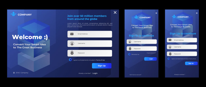Set of Registration form design template. Sign up and sign in form page. User-friendly design materials. website landing page and mobile application.