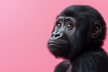 Fototapeta premium Monkey Day. Cute monkey on a pink background. Animal wallpapers. A postcard with a funny mammal.