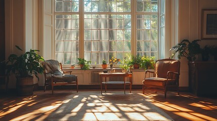 Sunlight casting geometric patterns through antique window panes, reflecting on a cozy, aged living room with wooden furniture, warm and peaceful atmosphere, hd quality, photorealistic,