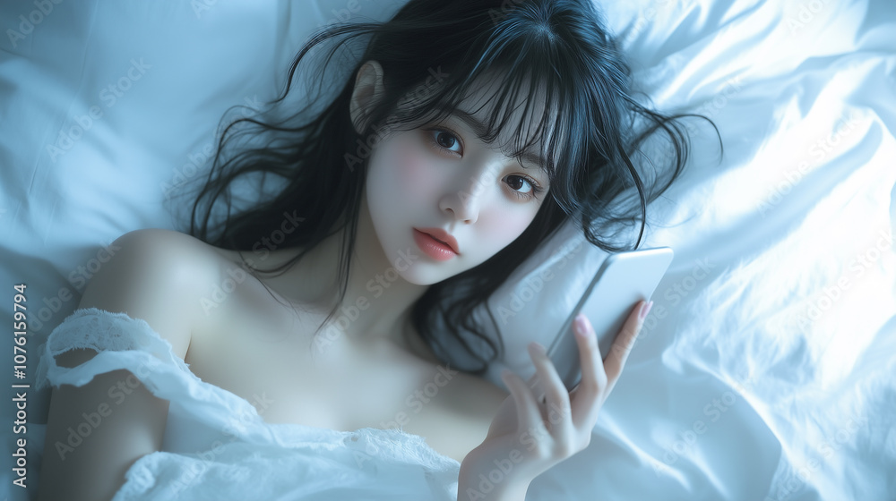 Aufkleber 若くてかわいい女性がベッドで横になっている。寝る前にスマホを操作している光景。