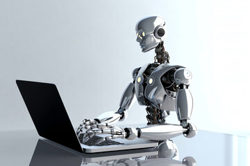 Silver Robot Working on Laptop in Futuristic Setting