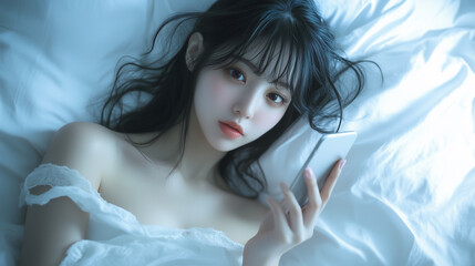 若くてかわいい女性がベッドで横になっている。寝る前にスマホを操作している光景。