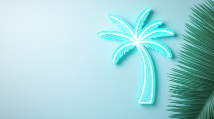 Obraz premium A minimalist neon sign with a palm tree icon glowing brightly against a backdrop of real palm fronds, conveying a sense of tropical escape.