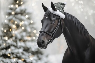 Obraz premium A cute horse in a red and white Christmas and New Year's hat on a white background with a Christmas tree and fir branches. A Christmas card with a cute animal. Winter wallpapers. Copy space