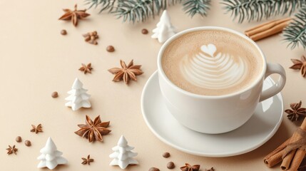Fototapeta premium A warm cup of latte topped with heart-shaped foam, surrounded by winter decor and spices, creating a cozy atmosphere.