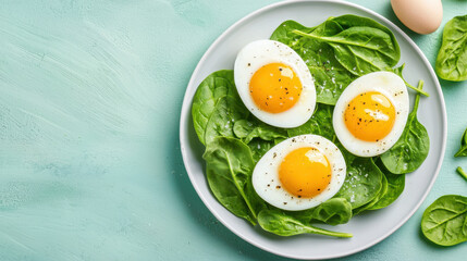 Fried eggs are served on a bed of fresh spinach, accompanied by a raw egg on a light green background.
