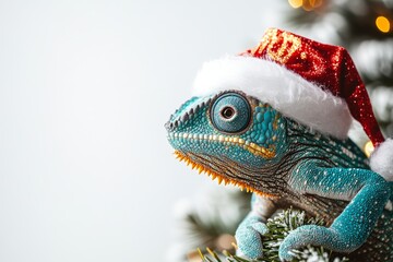 Fototapeta premium A cute chameleon in a red and white Christmas and New Year's hat on a white background with a Christmas tree and fir branches. A Christmas card with a cute animal. Winter wallpapers. Copy space
