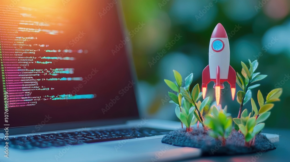 Poster a robotic arm assembling a miniature rocket model next to a laptop displaying lines of code, represe