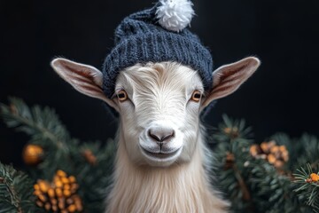 Fototapeta premium A cute goat in a red and white Christmas and New Year's hat on a black background with a Christmas tree and fir branches. A Christmas card with a cute animal. Winter wallpapers. Copy space