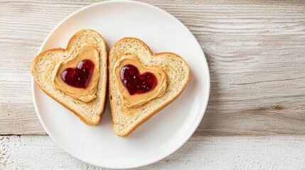 Heart-shaped peanut butter and jelly sandwiches on a white plate, perfect for a romantic treat or special occasion.