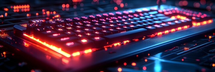 Futuristic cyber themed gaming setup featuring a desk with glowing RGB keyboards illuminated accessories and ample copy space for e sports event branding and promotions