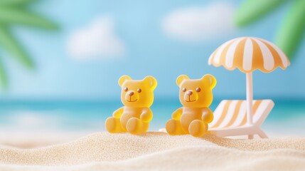 Two yellow gummy bears sit on sandy beach next to a striped umbrella, evoking a playful, summery vibe against a blurred ocean backdrop.