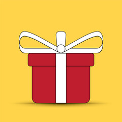 red gift box with white ribbon on yellow background