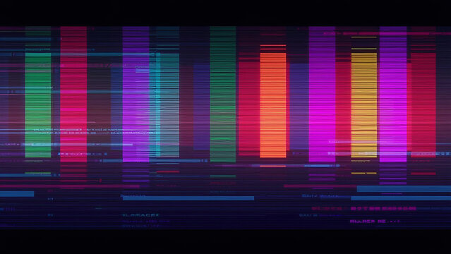 An animated error screen with shifting color bars and overlapping static, creating a retro broadcast feel for technical issues