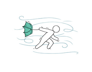 Doodle weather icon - man with umbrella. Sketch of man  in storm, character in rainy weather, vector hand drawn illustration
