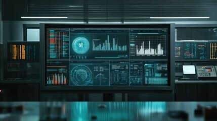 Fototapeta premium High-Tech Control Room with Data Visualizations
