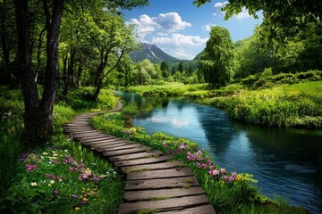 Fototapeta premium Serene Rustic Footbridge Crossing Over a Peaceful River Surrounded by Lush Greenery and Vibrant Wildflowers Under a Blue Sky