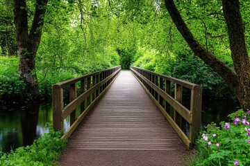 Obraz premium Serene Narrow Rustic Footbridge Crossing Over a Peaceful River Surrounded by Lush Greenery and Vibrant Flowers in a Tranquil Nature Setting