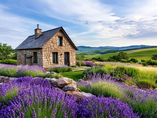 Tranquil Cottage Surrounded by Vibrant Blooming Lavender Fields Under a Clear Sky with Rolling Hills in the Background