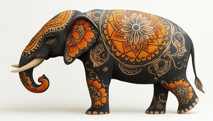 Obraz premium Isolated on white background, an artistic tattoo of an elephant with mandala patterns on its head and body, crafted by a professional tattoo artist with a love for wildlife