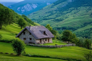 Traditional Stone Farmhouse with Thatched Roof Set Against Lush Green Hills and Majestic Mountains in a Picturesque Rural Landscape