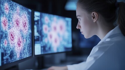 Obraz premium Neon-infused diagnostics stations utilize probability modeling to forecast disease onset, featuring immersive interfaces and responsive lighting.