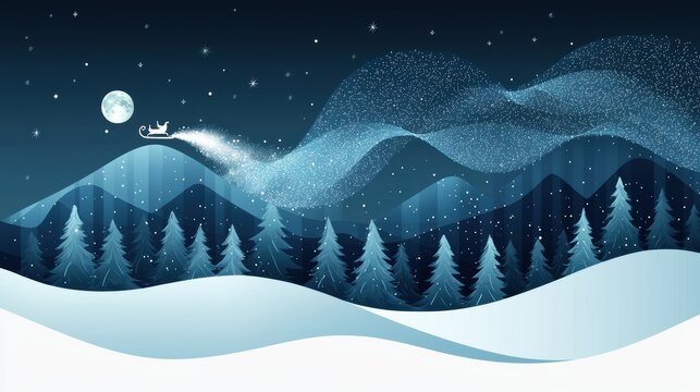 A whimsical illustration of Santa sleigh taking flight from a snow covered village, leaving a trail of sparkling dust against a night sky filled with stars, evoking a sense of wonder and magic.