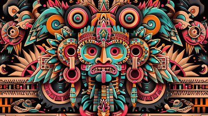 Fototapeta premium Elaborate Aztec-inspired artwork featuring complex symmetrical shapes and vibrant hues, portraying the essence of ancient Mexican design.