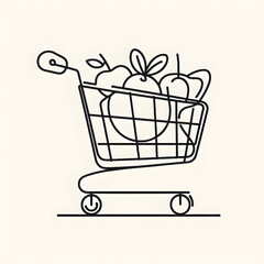 Minimalist shopping cart with fresh fruits line art design © ANASTASIIA