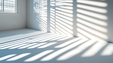 Sunlight streaming through window blinds, casting intricate, crisscrossing shadows on a white wall, creating a dramatic light and shadow pattern, serene and minimalistic ambiance, hd quality,