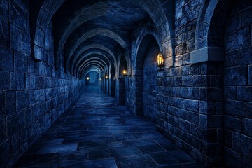 Obraz premium Ancient Curved Stone Tunnel Inside a Historic Castle with Atmospheric Lighting for Mysterious and Enigmatic Ambiance