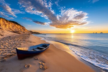 Tranquil Sunset Over Expansive Sandy Beach with Small Fishing Boats Anchored by the Shoreline and Breathtaking Blue Sky and Cloudscape