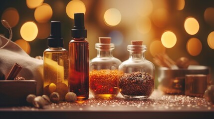 Bottles of Essential Oils and Spices with Bokeh Lights