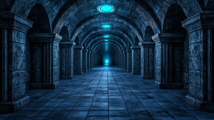 Obraz premium Long and Narrow High-Tech Tunnel with Clean Design and Illuminated Arches, Featuring a Futuristic Atmosphere and Subtle Blue Lighting Effects for Modern Imagery