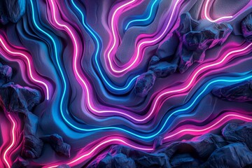 Obraz premium Vibrant Abstract Background of Neon Lights Creating Colorful Waves and Lines Over Dark Surface with Textured Elements for Modern Design Projects