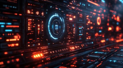 Fototapeta premium Futuristic digital interface with glowing elements and data displays.