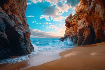 Serene Rocky Cliff Beside Sandy Beach with Gentle Waves Under a Bright Sky at Sunset, Capturing the Beauty of Nature's Coastal Landscape