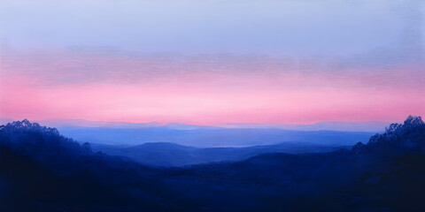 Fototapeta premium Serene Mountain Sunset: A tranquil landscape painting capturing the soft glow of a pink and purple sunset over a distant mountain range. The painting exudes peace and tranquility.