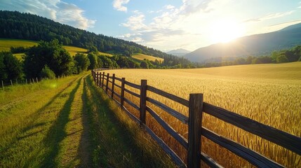 Serene Rustic Wooden Fence Running Alongside a Golden Field at Sunset with Majestic Mountains in the Background