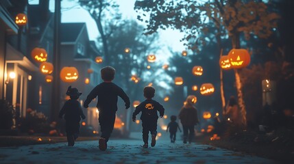Children joyfully run through a spookily lit street decorated with jack-o'-lanterns on halloween night