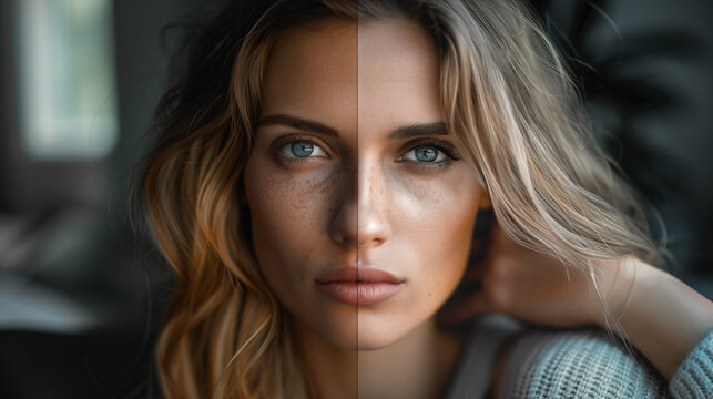 Photo editing, color correction. before and after example of image retouching process