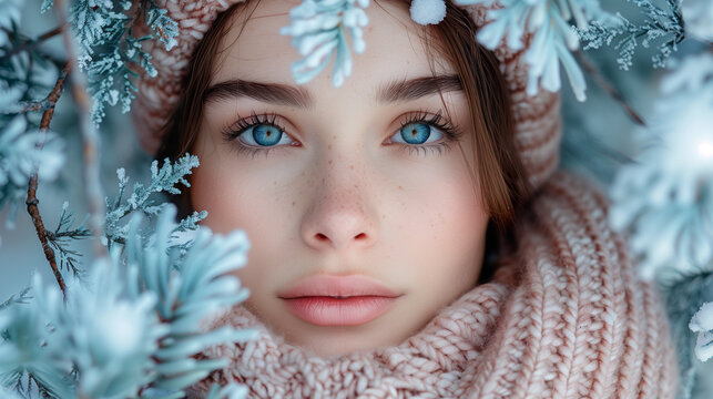 Young woman with blue eyes and frost-covered eyelashes enjoying the beauty of the winter season in a snowy forest.