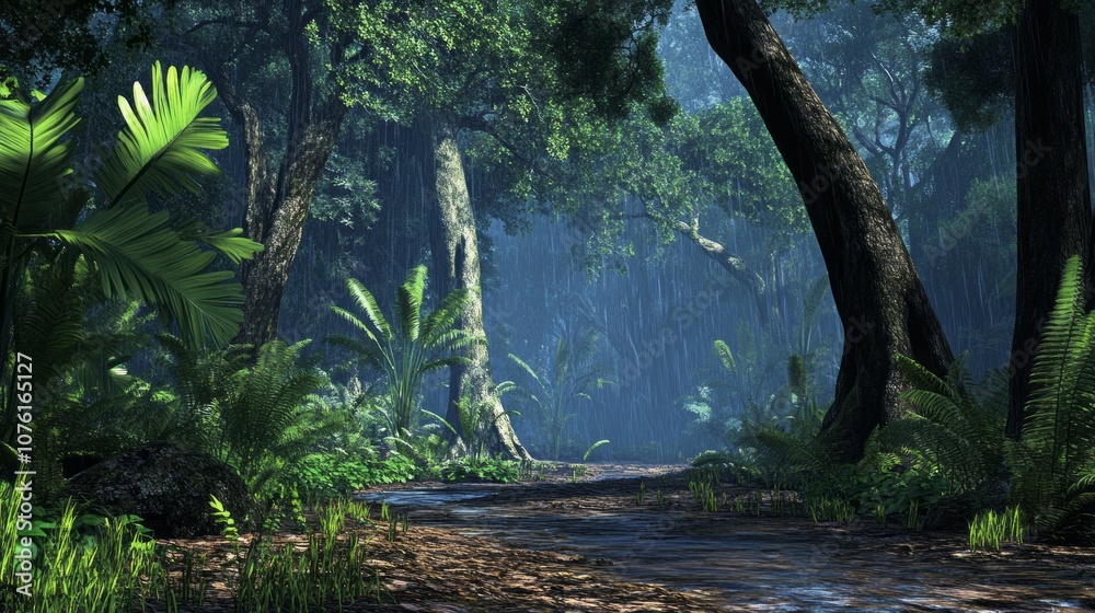 Poster A forest with a path through it and trees on either side