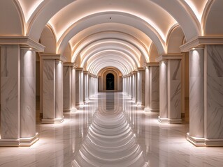 Obraz premium Elegant Smooth White Marble Tunnel in a Luxurious Building with Arched Columns and Soft Lighting for a Serene Ambiance