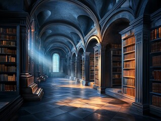 Fototapeta premium A Serene View of Ancient Books on Shelves in a Dimly Lit Library with Sunlight Filtering Through Tall Windows, Invoking a Sense of Mystery and History