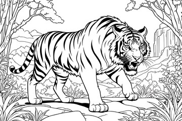Obraz premium Graceful tiger Coloring Book Page in Elegant Vector Illustration