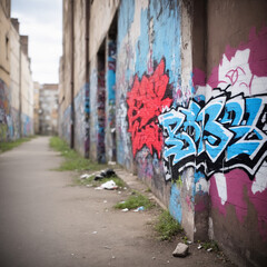 Fototapeta premium Colorful Urban Alley with Vibrant Graffiti Art on Brick Walls