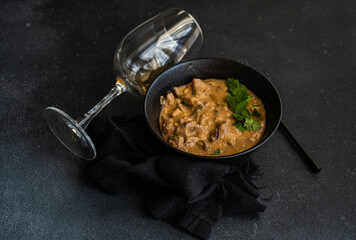 beef stroganoff dish served in the bowl